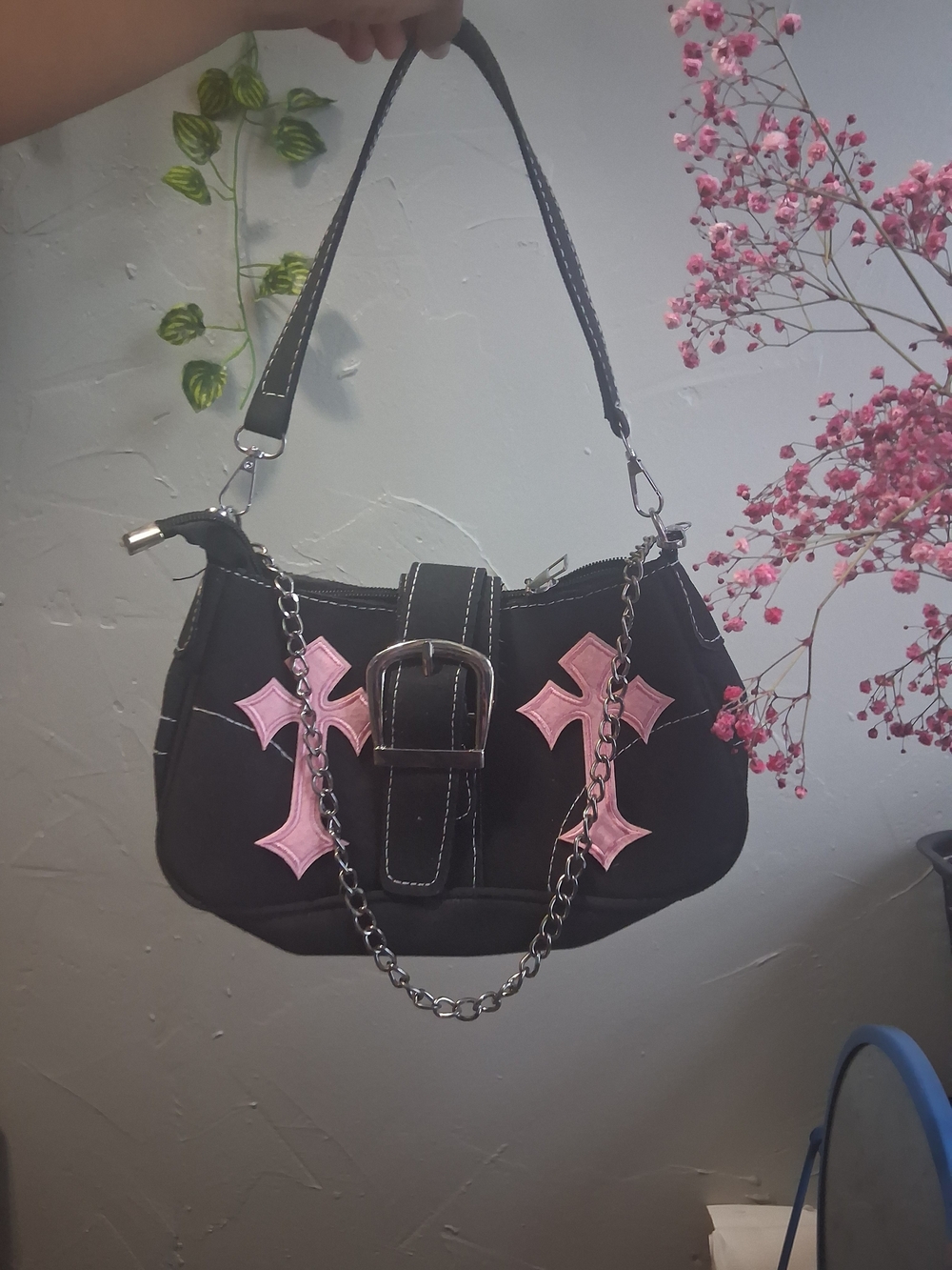 Black Shoulder Bag with Pink Cross Accents